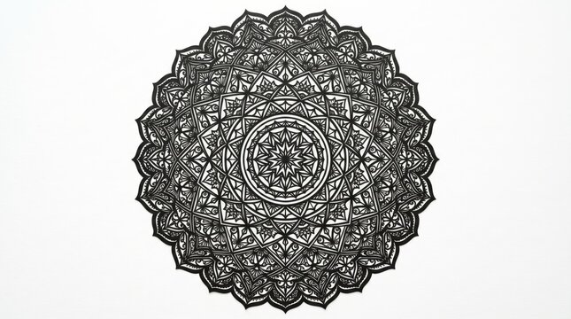 Intricate black circular mandala pattern with detailed geometric filigree on white background sacred geometry filigree circular