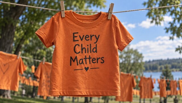 Orange T-Shirt with Every Child Matters Text Hanging on Clothesline Outside for National Day for Truth and Reconciliation