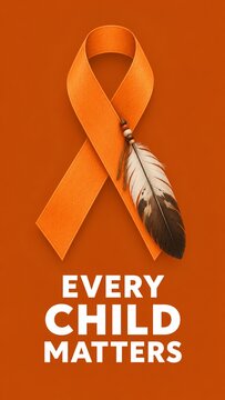 Vertical Orange Ribbon Poster with Eagle Feather and Every Child Matters Text for Truth and Reconciliation Day