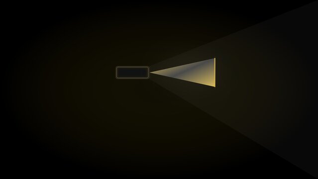 Bright golden flashlight beam shining in dark room with minimal background