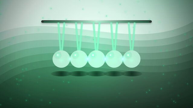 glowing newtons cradle physics pendulum spheres on green gradient background