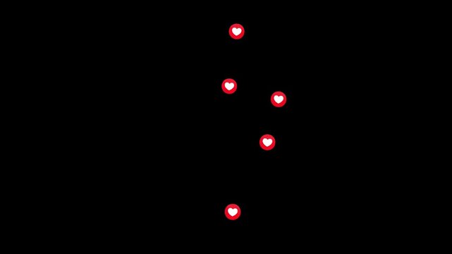 Social live style emoji flying animation with 3D floating heart and like reactions stream overlay.