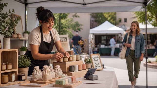 Small business owner preparing a first pop up market stall