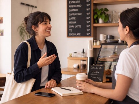 Friends practicing a first real conversation in a new language