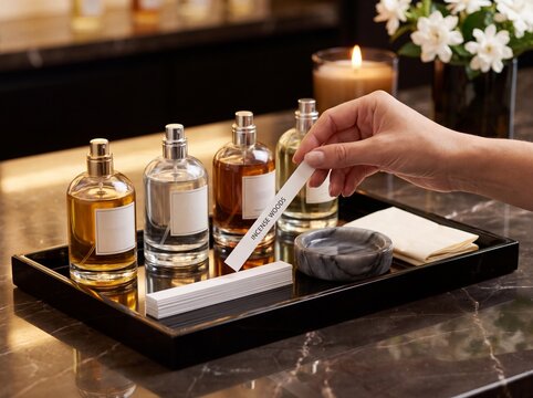 Boutique fragrance discovery tray with blotter strips