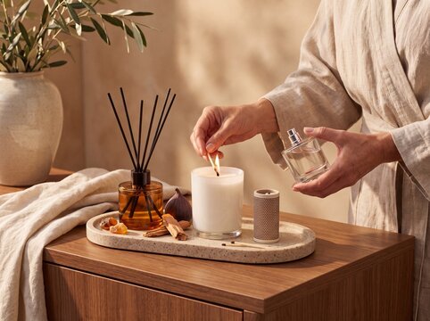 Home and personal fragrance layering ritual in a calm interior