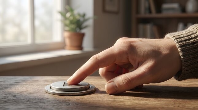 Hand pressing a circular silver button on a wooden surface in natural light
