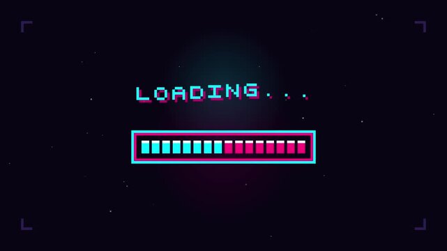 Retro pixel art loading bar progressing on dark starry digital background