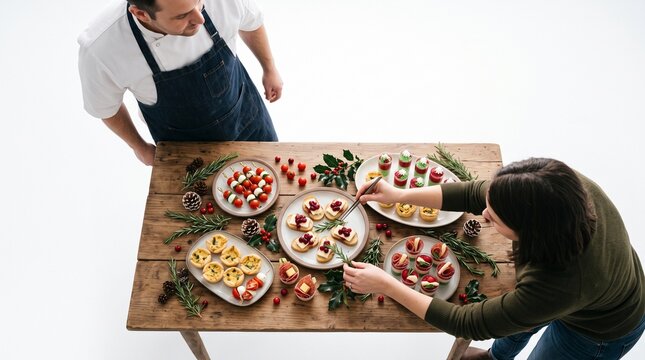 Chef and assistant preparing festive holiday appetizers on a rustic wooden table
