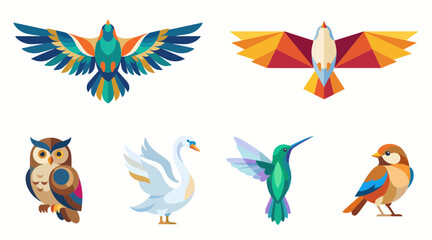 Obraz premium Stylized collection of colorful bird vector illustrations featuring geometric shapes and flat modern artistic design elements