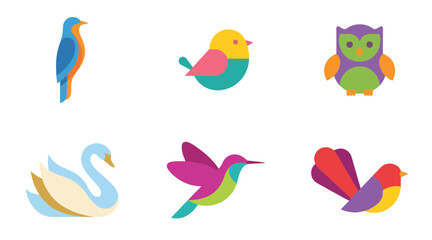 Obraz premium Vibrant collection of colorful bird vector illustrations featuring flat minimalist shapes for creative graphic design projects