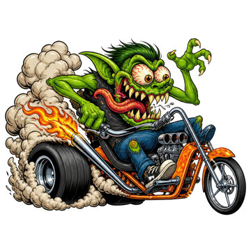 Colorful Fantasy Monster Riding A Custom Three-Wheeled Motorcycle With Flames And Oversized Tires