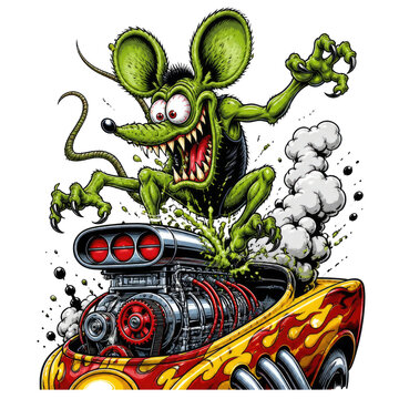 Colorful Green Monster Emerging From A Flaming Vintage Hot Rod Engine On Transparent Background
