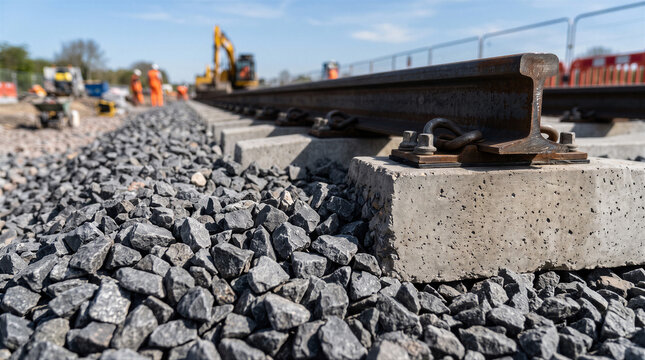Railway track construction site with steel rails, concrete sleepers, and ballast stones under a clear blue sky