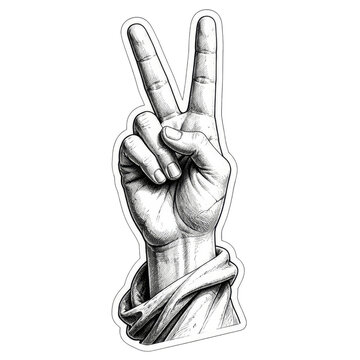 Detailed Black And White Engraved Human Hand Showing Victory And Peace Gesture Isolated