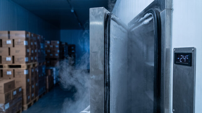 Industrial freezer door open with cold air fog and temperature display showing minus twentyfour degrees celsius