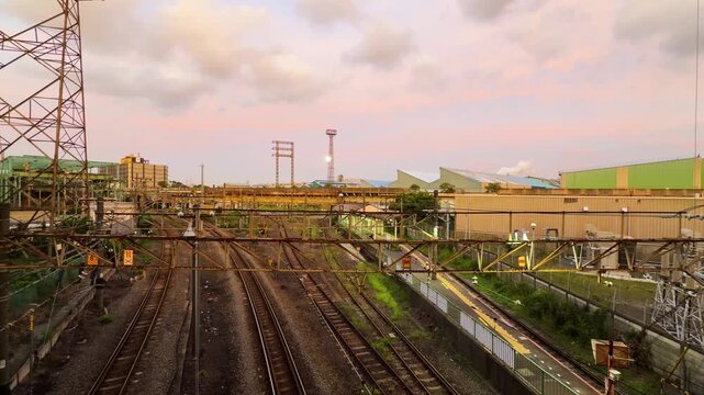 railway, rail, track, tracks, panorama, panoramic, sunset, dusk, evening, sky, clouds, industrial, industry, urban, city, kawasaki, hamakawasaki, japan, station, infrastructure, transport, transit, tr
