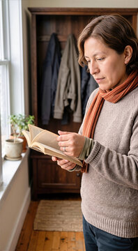 Person standing near bright window reading book and turning pages indoors. Adult wearing beige sweater and orange autumn scarf in cozy home room with wardrobe and potted plants in background