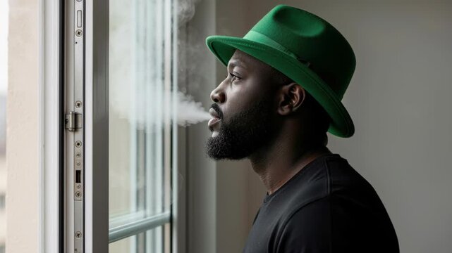 Contemplation by the Window: A man in a green hat exhales a plume of smoke while gazing thoughtfully out of a window, captured in a moment of quiet reflection.