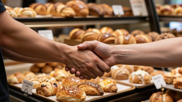Businesspeople Shaking Hands in a Bakery or Pastry Shop, Negotiation or Agreement Concept, Croissants and Baked Goods Displayed on Shelves, Warm and Inviting Atmosphere, Profession