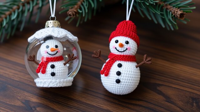 Decorative crochet snowman ornaments with festive scarves and hats, Christmas tree decorations on a wooden surface, holiday season celebration, cozy winter theme
