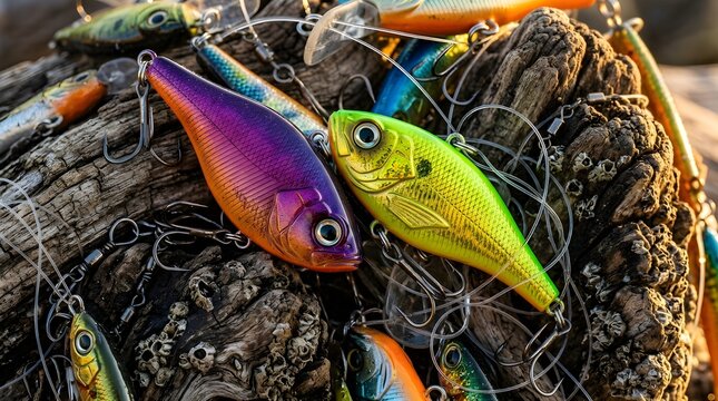 Colorful Fishing Lures and Hooks Arranged on Textured Weathered Driftwood for Angling Adventure and Freshwater Outdoor Sport Equipment