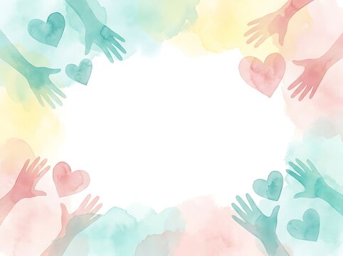 Watercolor background with diverse hands and painted hearts surrounding a white central space for text