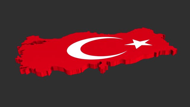 3D Map of Turkey with National Flag Colors and Crescent Star Rotating on Dark Background, Turkish Flag Map Animation, Red White Country Map, Digital Geography