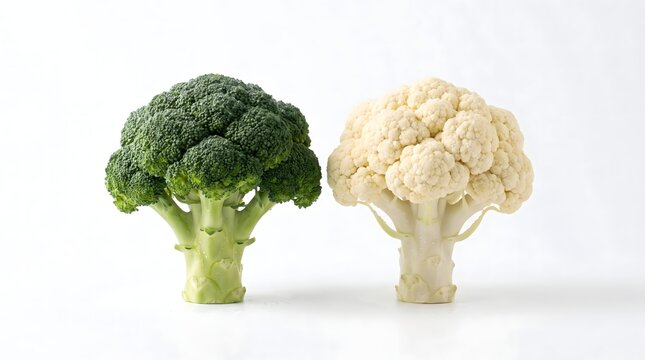 Fresh head of green broccoli and white cauliflower side by side with cruciferous vegetables raw vegetables cooking ingredients raw food