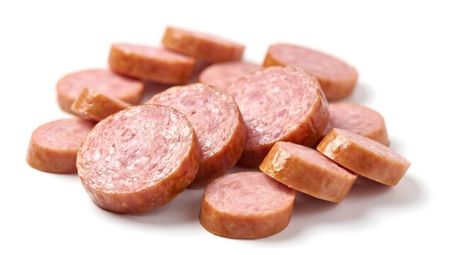Heap of sliced smoked sausage on white background with meat slices pork sausage processed meat food pile salami slices cured meat