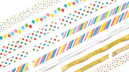 Obraz premium Colorful rolls of decorative washi tape with party balloons and confetti patterns on white background party decoration balloon pattern