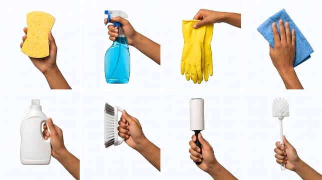 Eight hands holding various household cleaning supplies and cleaning tools with household chores cleaning products spray bottle