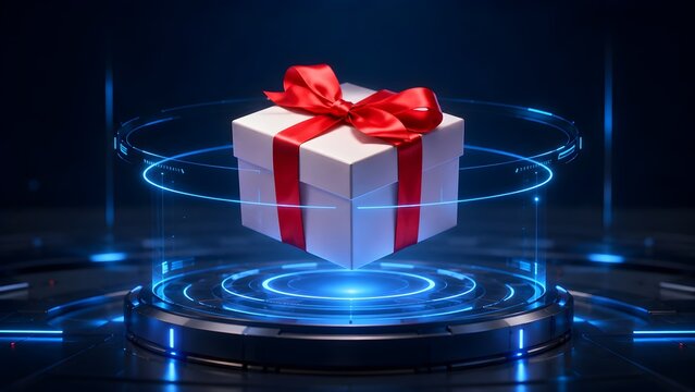 Futuristic concept of a digital gift featuring a white present box with a red ribbon levitating over a glowing blue neon technological podium in a dark cyber environment.