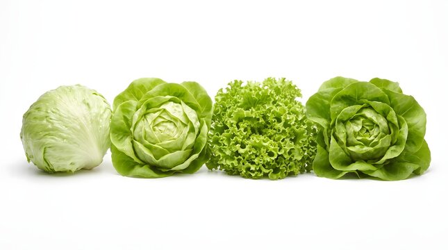Fresh variety of whole lettuces including iceberg and green leafy lettuce heads isolated on white background with leafy greens