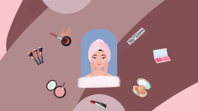 Woman with Facial Mask and Makeup Products on Abstract Background