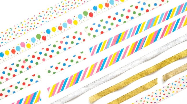 Colorful rolls of decorative washi tape with party balloons and confetti patterns on white background party decoration balloon pattern