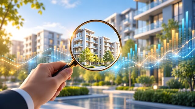 Real estate market analysis concept showing a hand holding a magnifying glass over modern residential apartment buildings with rising financial stock charts and graphs.