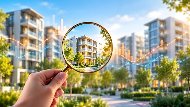Real estate property search and financial analysis concept showing a magnifying glass focusing on a modern apartment complex with glowing market trend graphs.