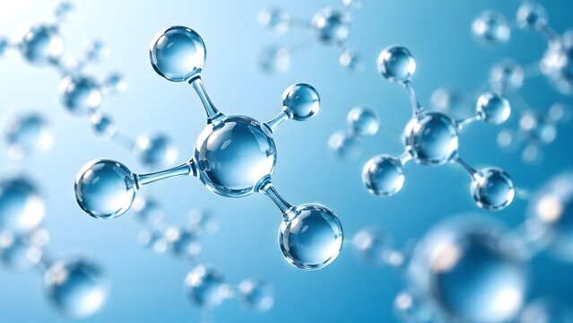 Macro 3D rendering of transparent water molecules floating in a light blue environment representing science chemistry and pure hydration.