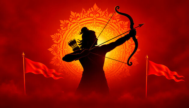 Lord Rama Silhouette Aiming Bow and Arrow on Golden Mandala Red Background Banner