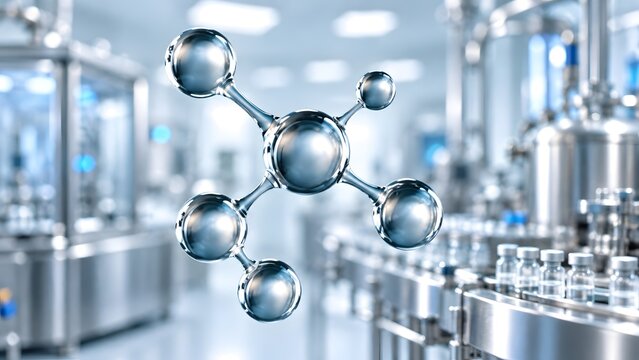 Concept of pharmaceutical manufacturing showing a large silver molecule structure hovering over a modern automated production line with glass vials.