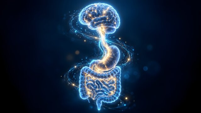 Glowing neon blue and orange anatomical illustration of the gut-brain axis showing the vagus nerve connecting the human brain to the digestive system.