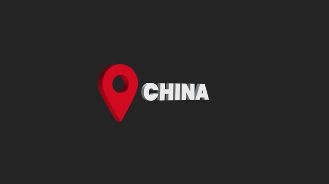 China Location Pin Animation on Dark Background &ndash; Red 3D Map Marker Icon with Country Name Text, Asia Travel Destination