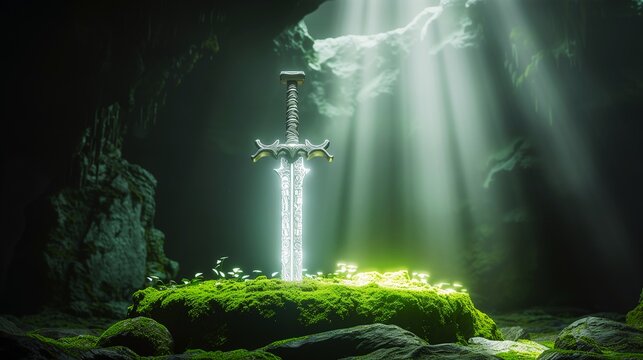 A legendary sword glowing in a dark cave and embedded in a rock (Fantasy CG illustration)