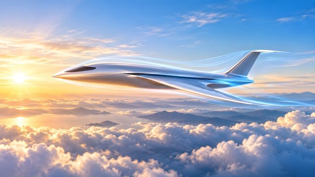 Futuristic silver supersonic jet flying above the clouds at sunset showing glowing blue aerodynamic airflow lines representing speed and efficiency.