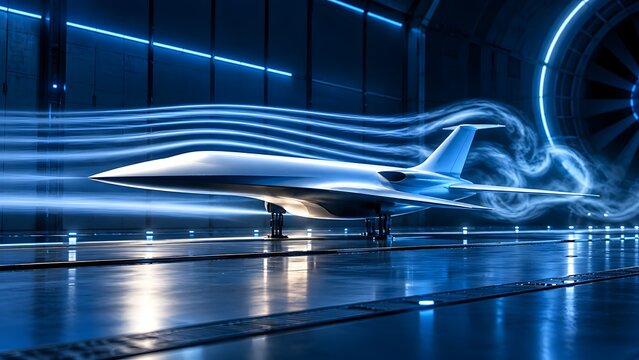 Concept of aerodynamic engineering showing a sleek futuristic airplane model being tested in a modern high-tech wind tunnel with glowing blue airflow.