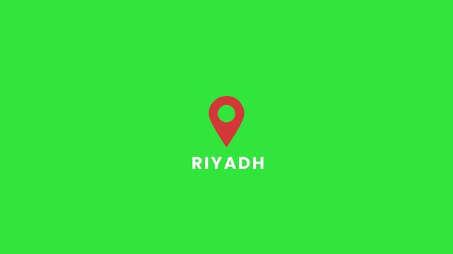 Riyadh Location Pin with City Name on Green Screen, Red Map Marker Saudi Arabia Chroma Key