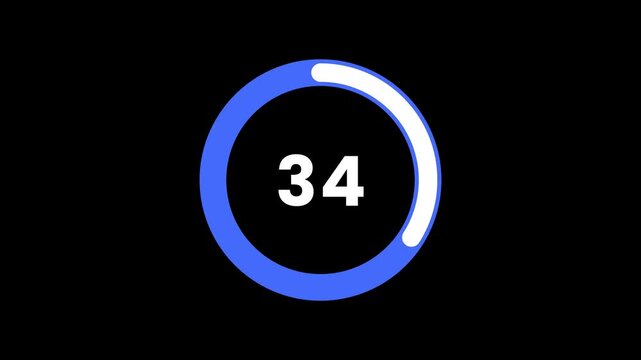 Counting Numbers from 1 to 35, Blue Circular Progress Ring Animation on Black Background