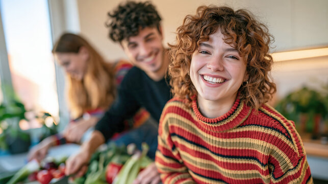 Happy young woman smiling with friends preparing fresh vegetables together indoors