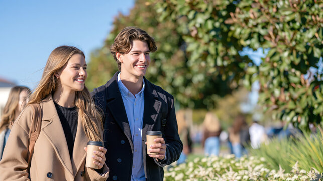 Young adult man and woman walking outdoors with coffee cups on sunny day